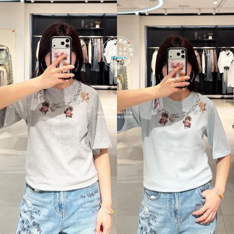 Estoque Pronto Monchichi Camiseta Feminina Casual Estampada Personalizada De Alta Qualidade 100 % Algodão Premium Solta