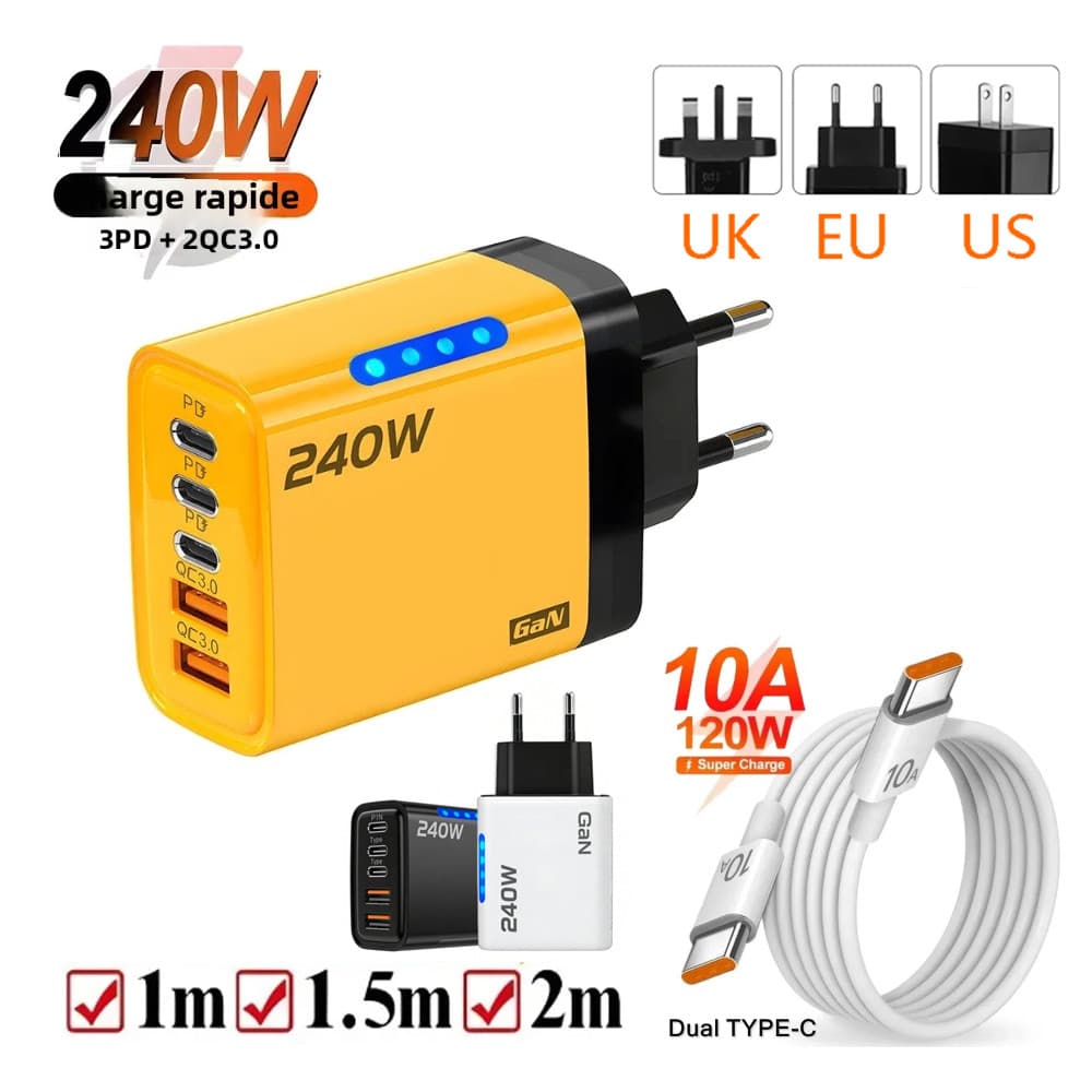 Carregador Rápido Gan De 240w Com Luz LED 5 Em 1 2USB + 3tipo-C De Telefone Multi Portas Para Iphone15-17Series Samsung