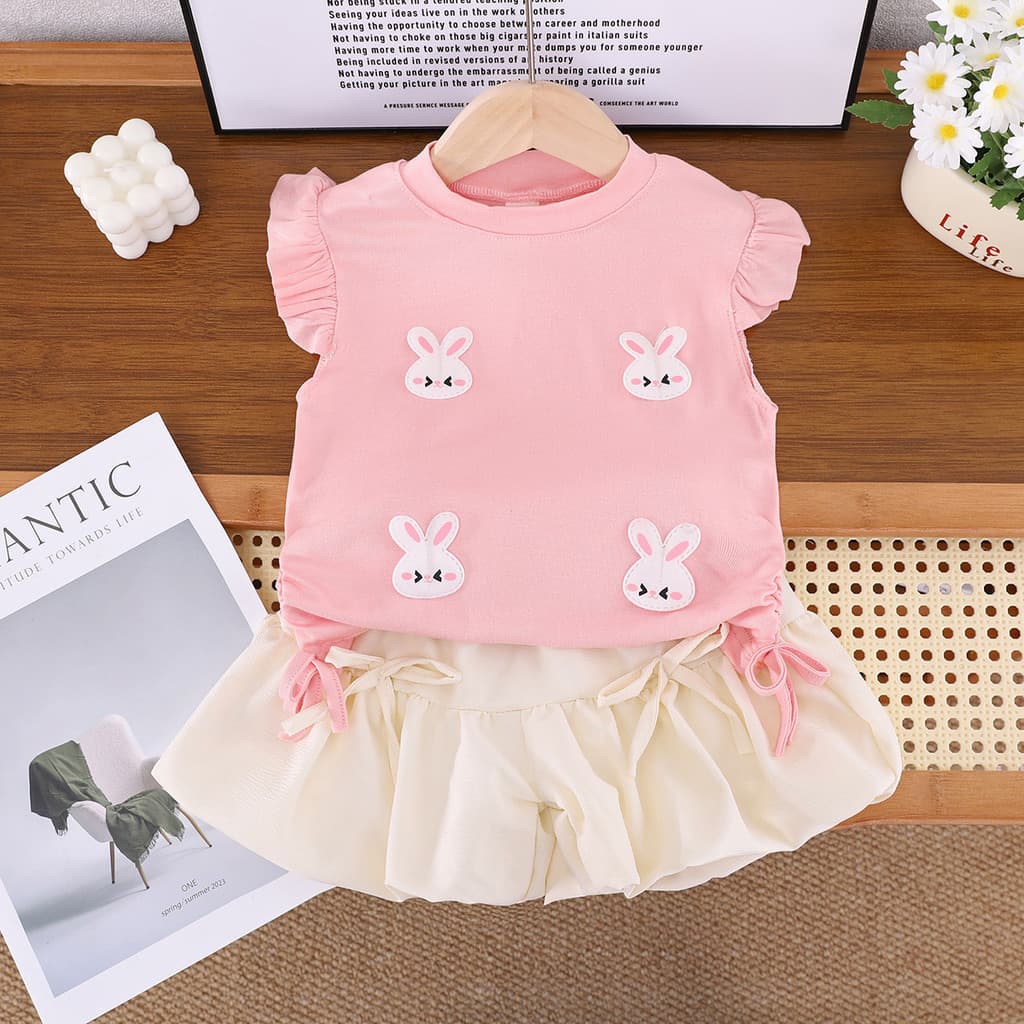 Novo conjunto de duas peças para meninas: top com pequeno cordão ajustável e mangas esvoaçantes, com estampa de coelho e
