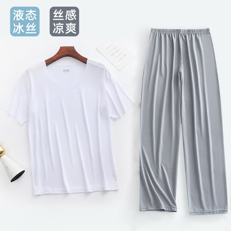 Pijama de seda gelada masculino de manga curta até o tornozelo, roupas de ar condicionado de verão, respirável, secagem