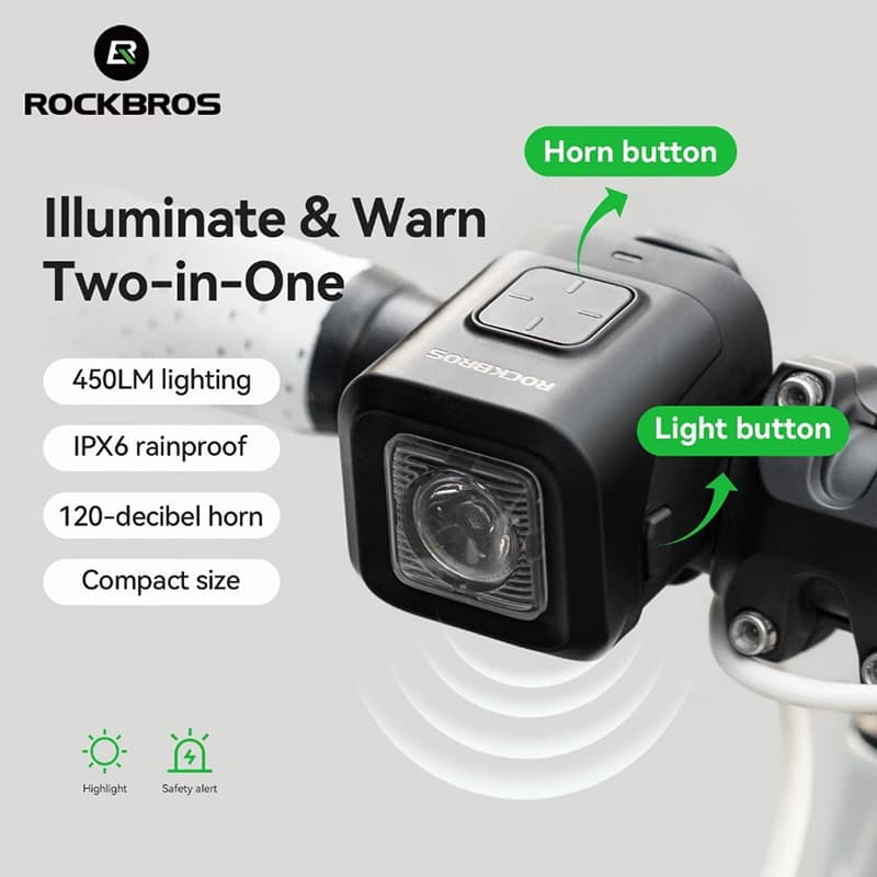 ROCKBROS Bicicleta Luz Sino 2-Em-1 Farol 450LM IPX6 À Prova Dwaterproof Água Aviso Noturno Chifre Eletrônico Dianteira M
