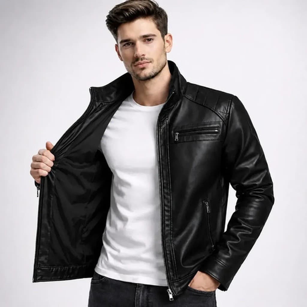 Jaqueta Couro Masculina Motoqueiro Krayani Preta Liso GG Capuz Impermeável Courino Outono Inverno Casual Lazer