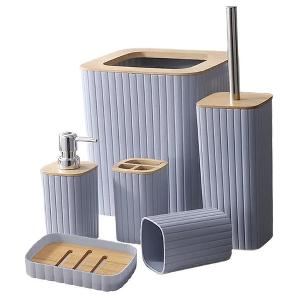 Kit Acessórios Banheiro 6 Peças Cinza Oi Vida Porta Sabonete Líquido Copo Saboneteira Lixeira Escova Vaso Pote Tampa PP