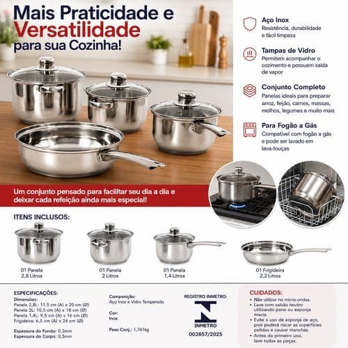 Conjunto Panelas Inox 7 Pecas Com Tampa Alta Durabilidade Design Moderno Facil Limpeza