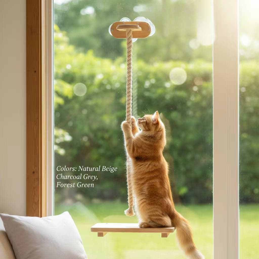 Arranhador para gatos de madeira maciça espessada, montado na parede, com ventosa e corda, suporte para gatos montado