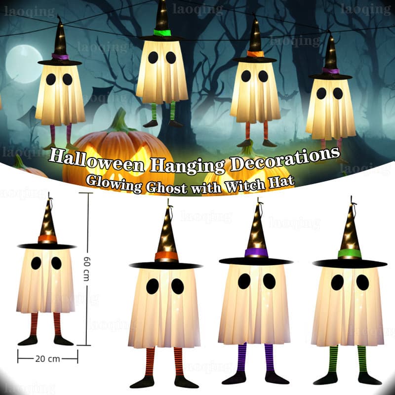 Fantasmas Pendurados De Halloween , Decorações Ao Ar Livre Com Chapéu De Bruxa , Luzes Brilhantes De Fantasma