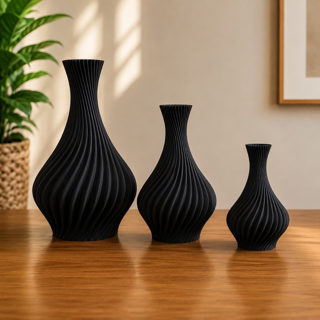 Kit 3 Vasos Decorativos Modernos  Preto | Decoração Sala, Mesa, Estante e Aparador | 25cm + 18cm + 15cm