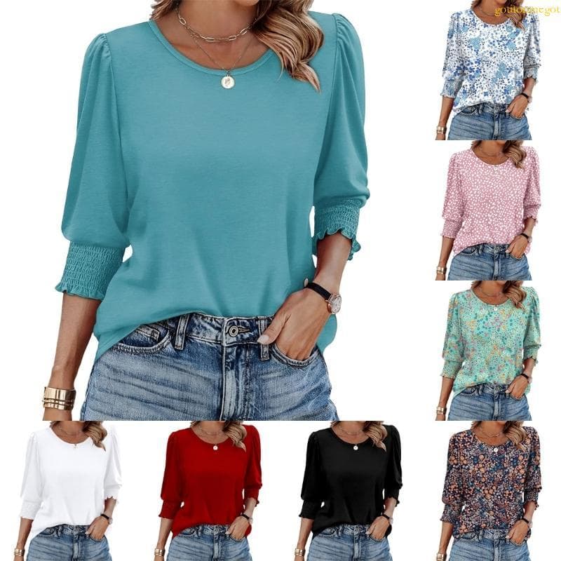 gotitonmegot Camisa Feminina casual formal Três Quartos Punhos Plissados