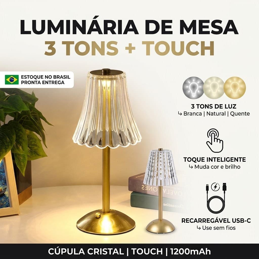 Luminária de Mesa 3 Tons Abajur Cristal Candeeiro Cabeceira LED Recarregável Decoração Sala Quarto