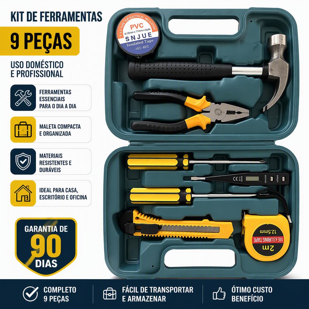 Kit Ferramentas 8 Peças Maleta Resistente Martelo Alicate Chave Fenda Trena Estilete Testador Eletricidade Fita Isolante