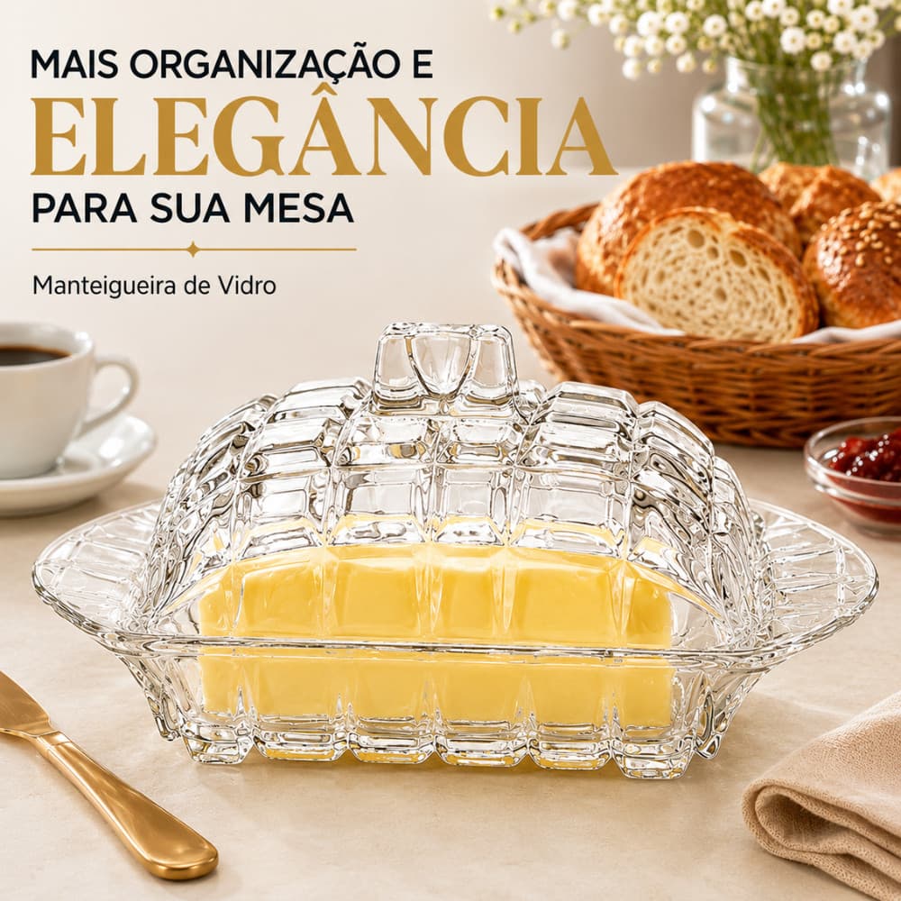 Manteigueira Vidro Cristal Francesa com Tampa Condimento para Manteiga e Margarina Design Clássico