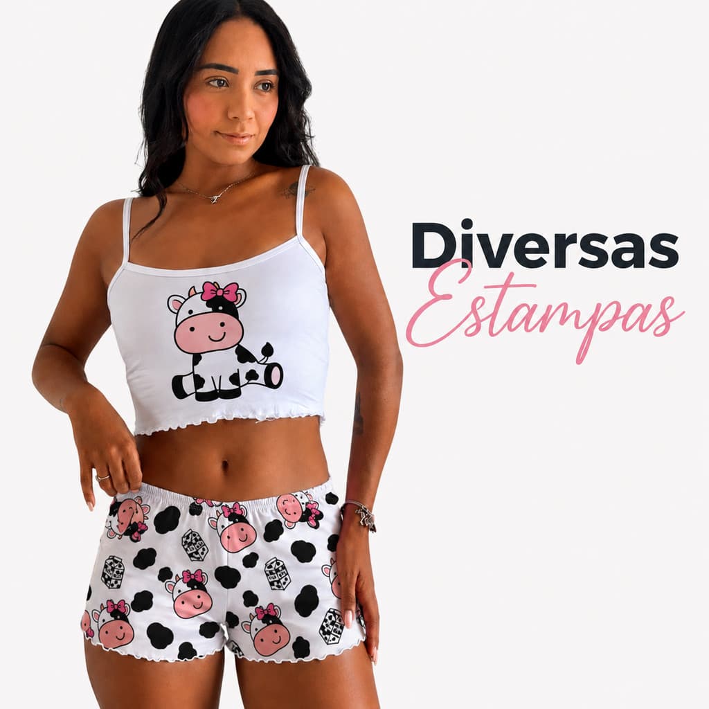 Babydoll Pijama Roupa de Dormir Personagens Cropped de Alcinha e Shortinho Alta Qualidade