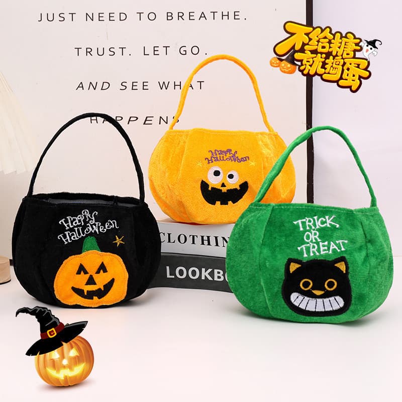 Estoque pronto novo estilo Halloween dos desenhos animados flanela abóbora saco crianças saco de doces portátil presente