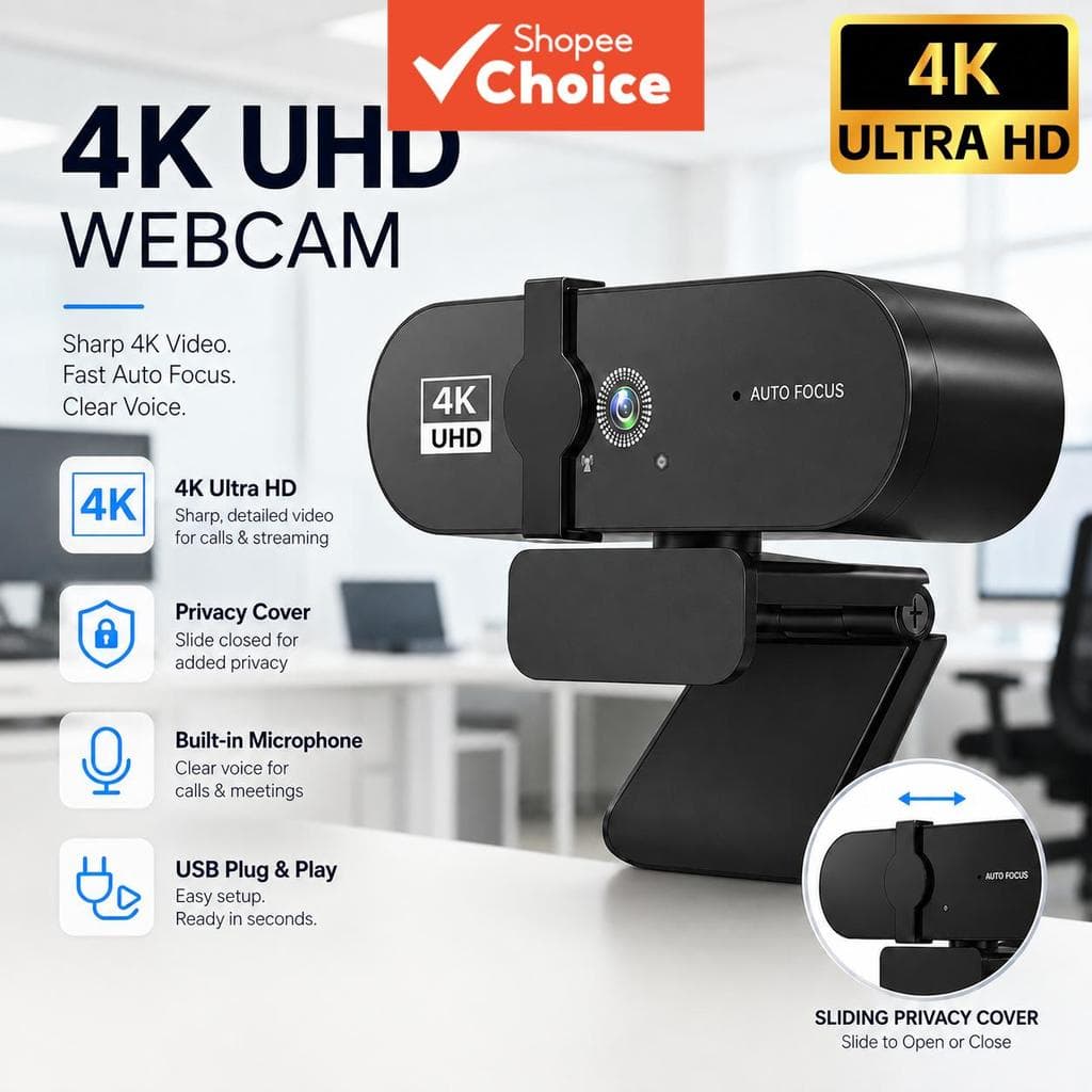 Câmera Web 4K JCL para PC e Laptop, Câmera de Computador com Foco Automático e Microfones com Cancelamento de Ruído,