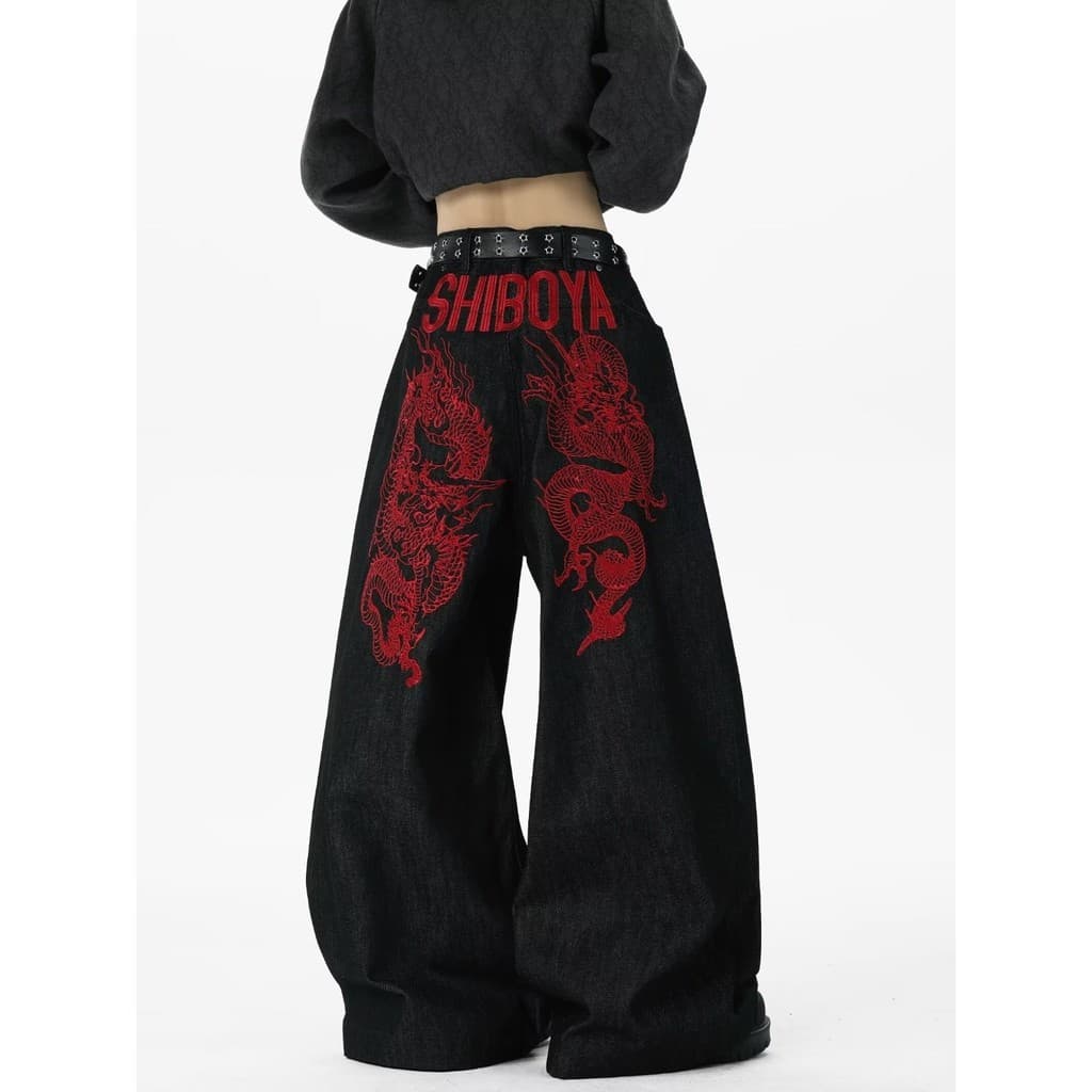 Red Dragon Bordado Machete Jeans Macacão Masculino Calça Larga