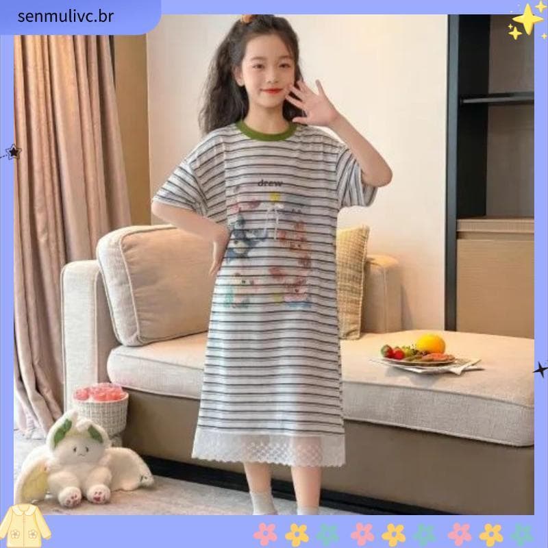 Verão meninas camisola meninas crianças puro algodão camisola solta bonito verão meninas pijamas médio grande crianças r