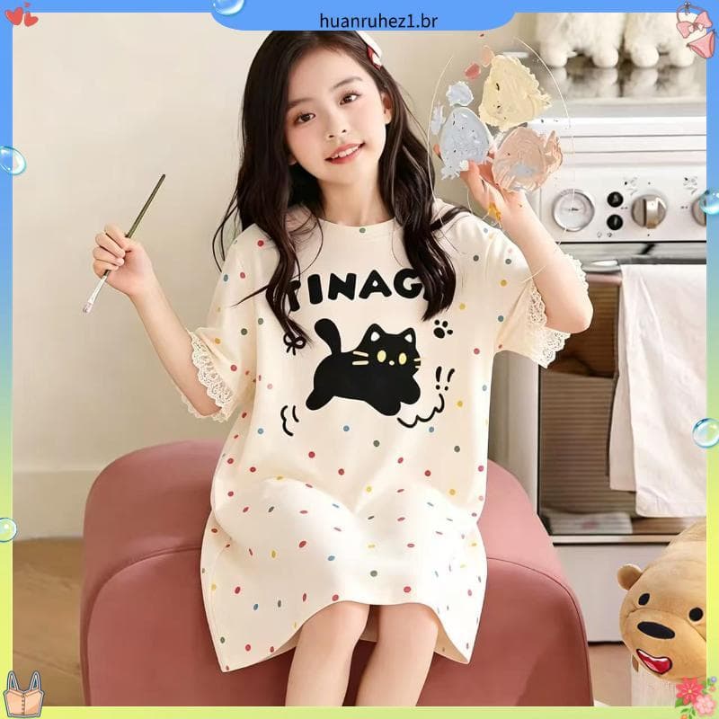 Pijamas infantis verão meninas camisola de algodão puro estilo fino 2026 novo estilo de manga curta menina estilo verão