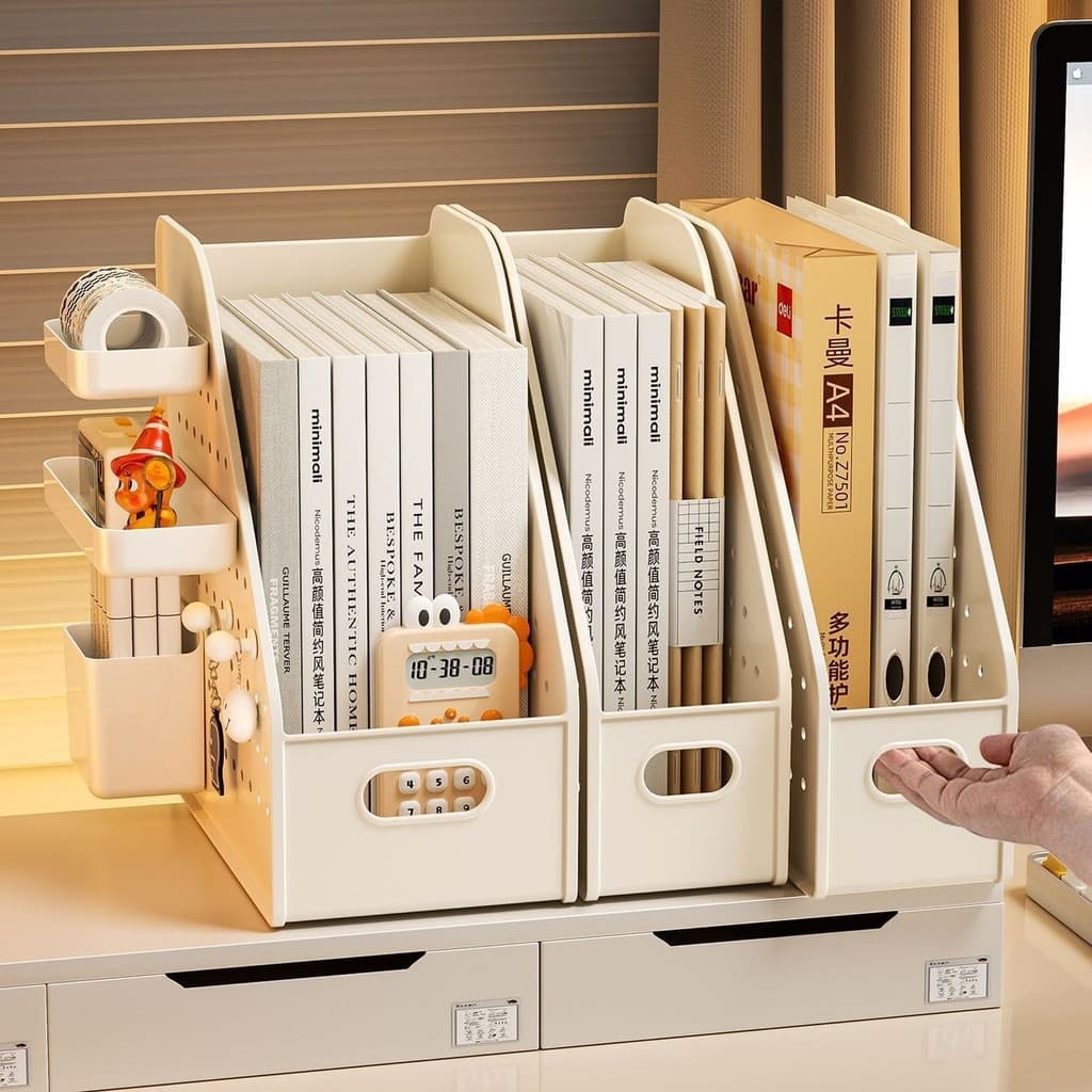 Suporte de livros de papelão perfurado para mesa de escritório, caixa de armazenamento de arquivos, organizador de livro