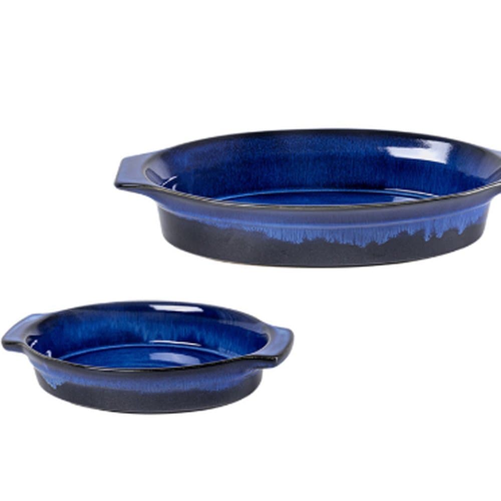 Cj. 2 Travessas de Cerâmica Azul Oval (28X17X5,2cm / 40X23X7cm)