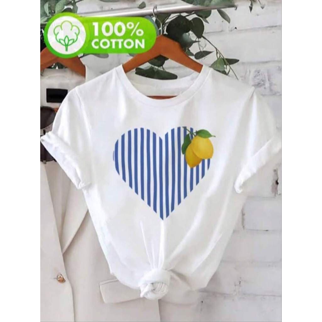 Camiseta Feminina Premium 100% algodão Confortável Casual Sofisticada Especial Estampada com: Coração Limões