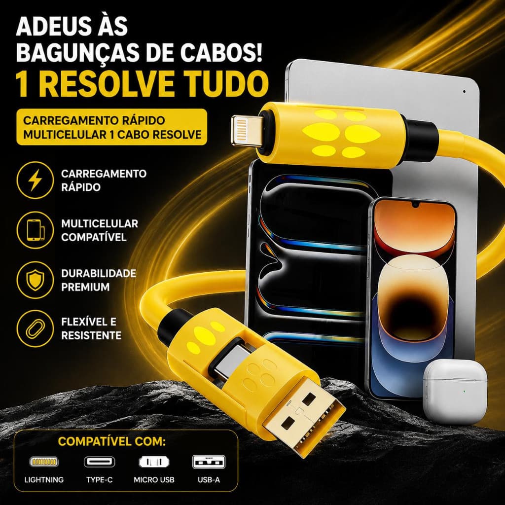 Cabo 4 em 1 Carregamento Rápido 1.5m Nylon Trançado USB Tipo‑C Compatível com iPhone e Android Resistente