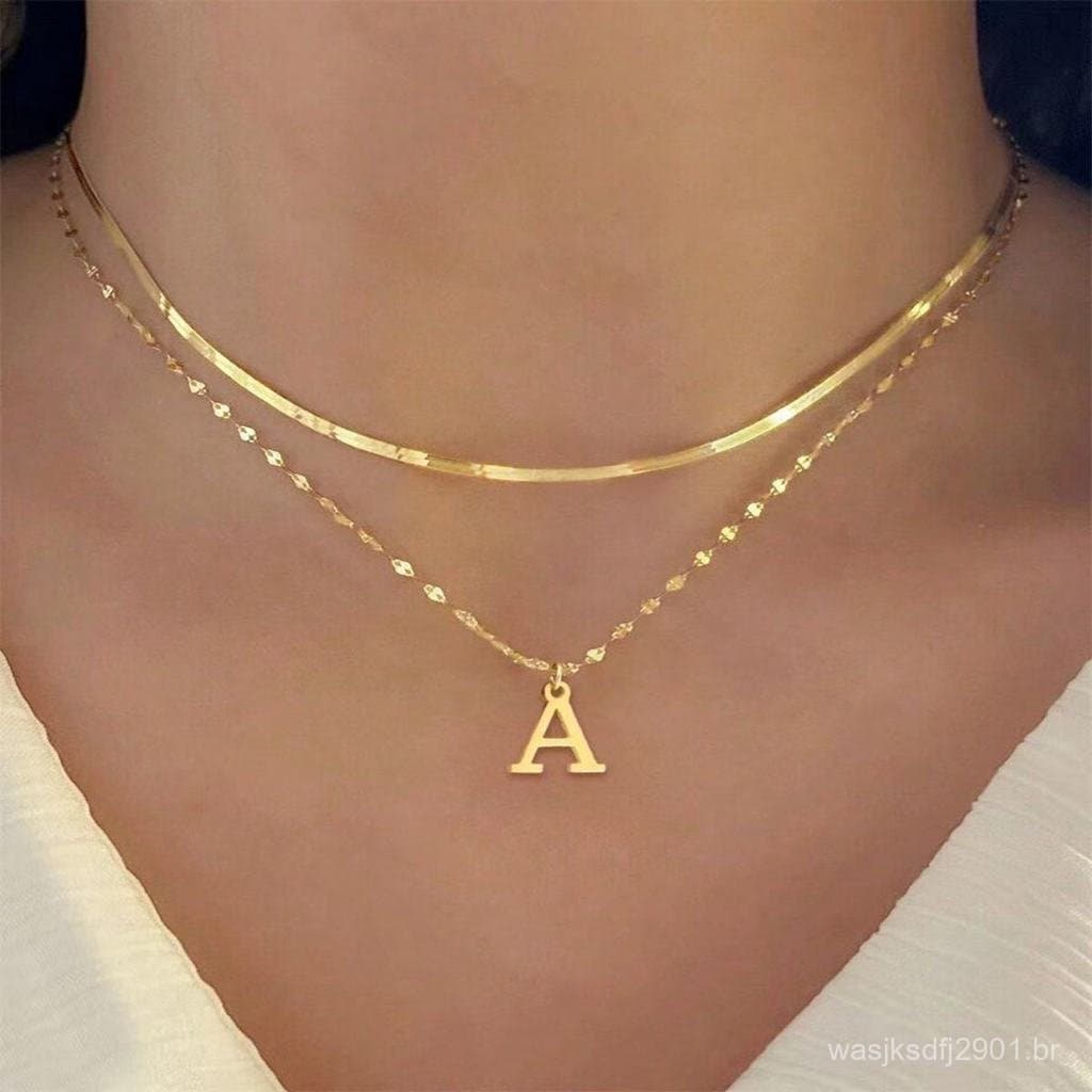 Colar Feminino com Letra Inicial A-Z,Corrente de ossos de cobra e lábios Dupla em Camadas banhado e ouro 18k e prata 925
