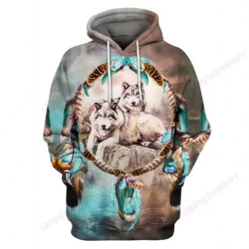 Camiseta masculina de moda 3D com capuz, estampa retrô de cultura nativa de lobo, manga longa.