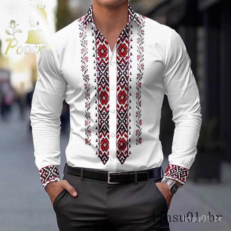 Europeu americano novo estilo camisa de manga comprida masculina impressa camisa masculina estilo étnico lapela botão Ca