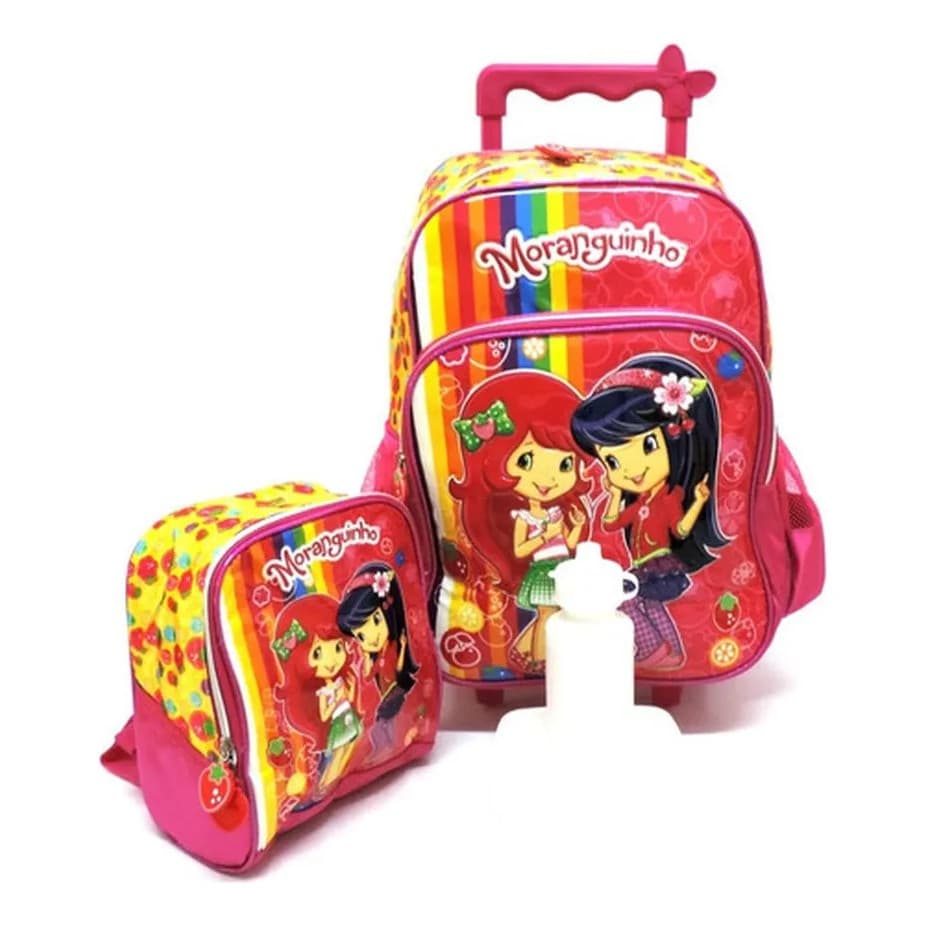 Kit Mochila Rodinhas Escolar Moranguinho Lancheira Luxcel