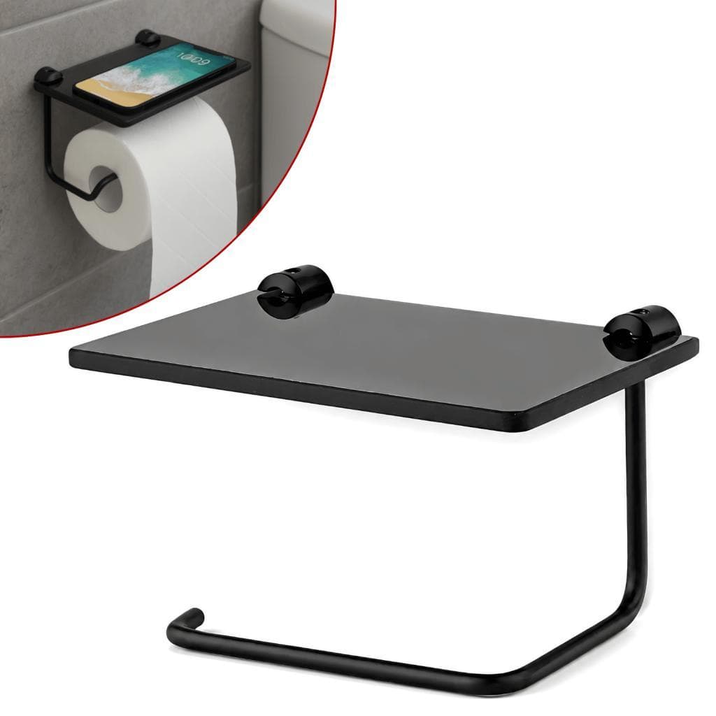 Papeleira Suporte Papel Higiênico com Prateleira Suporte para Celular Vidro Preto ou Cromado