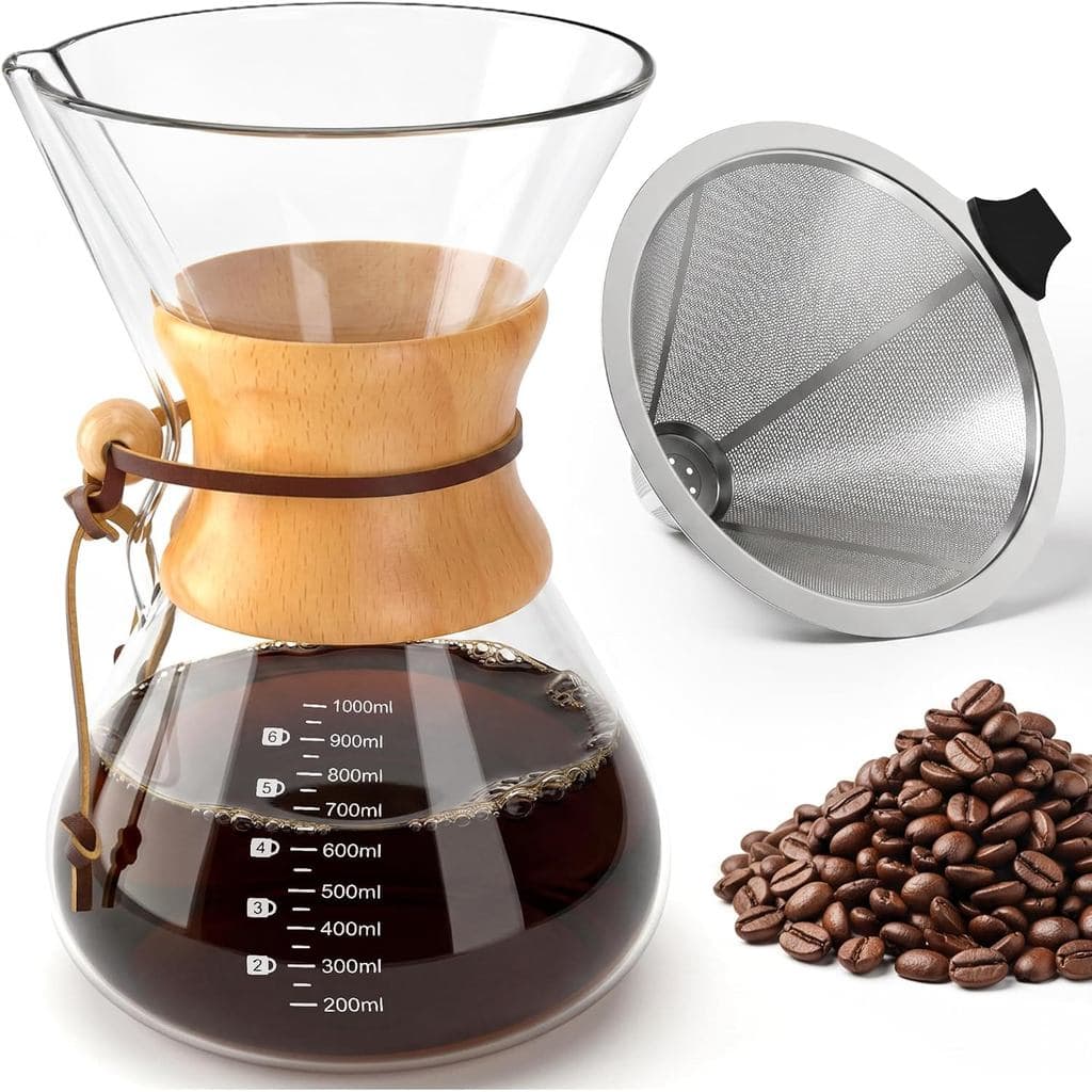 Cafeteira Pour Over 34oz (1000ml), Jarra de Vidro Borossilicato com Cabo de Madeira e Corpo Redondo, Filtro de Aço Inoxi