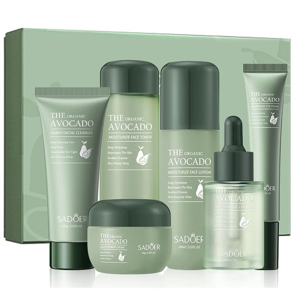 Conjuntos de Cuidados com a Pele de Abacate, Kit de Presente de 6 Peças com Bálsamo Labial, Tônico, Loção, Sérum Facial,