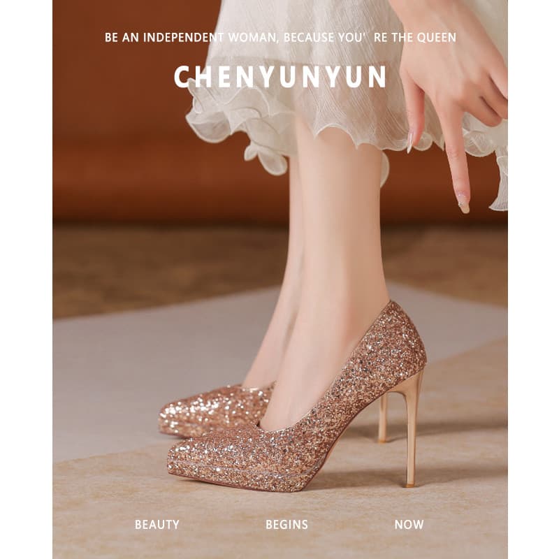 [Chen Yunyun] Pessoas pequenas plataforma à prova d'água salto alto feminino estilete sapatos de salto Super alto champa