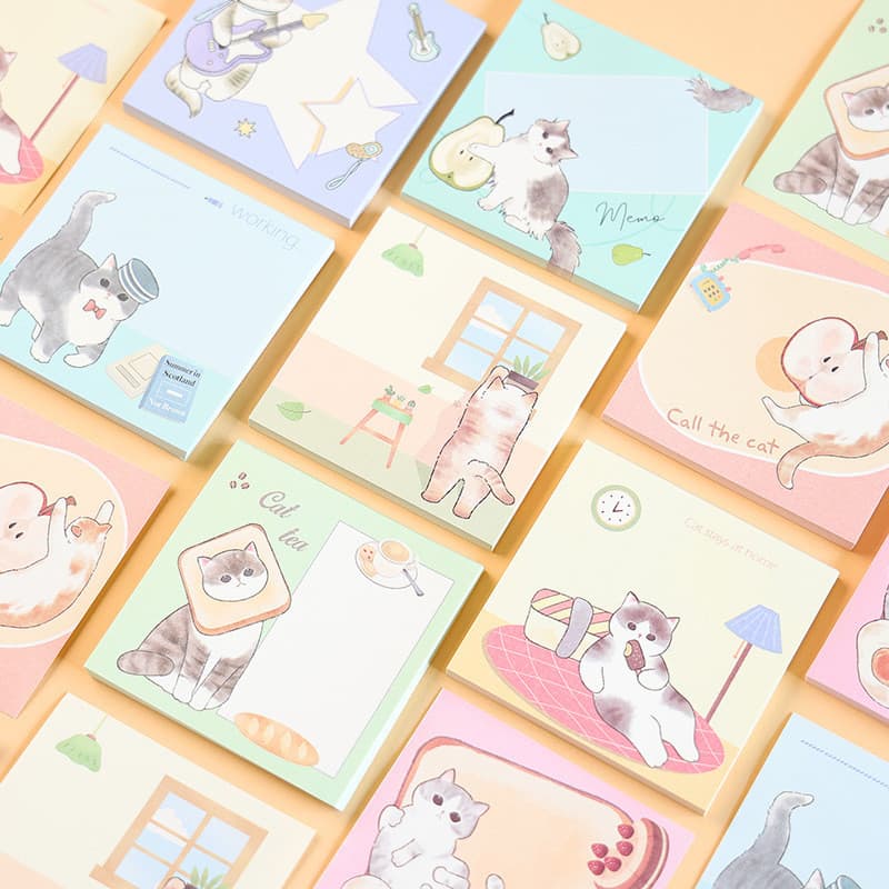 Caderno de Mensagens: Bloco de Notas com Gato de Desenho Animado Fofo, 50 Folhas, 8 Designs