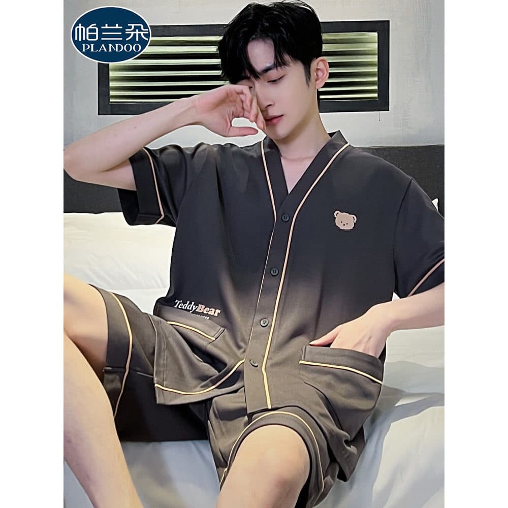 Pijamas de verão masculinos Shorts de manga curta puro algodão japonês adolescentes Plus Size Cardigan masculino verão f