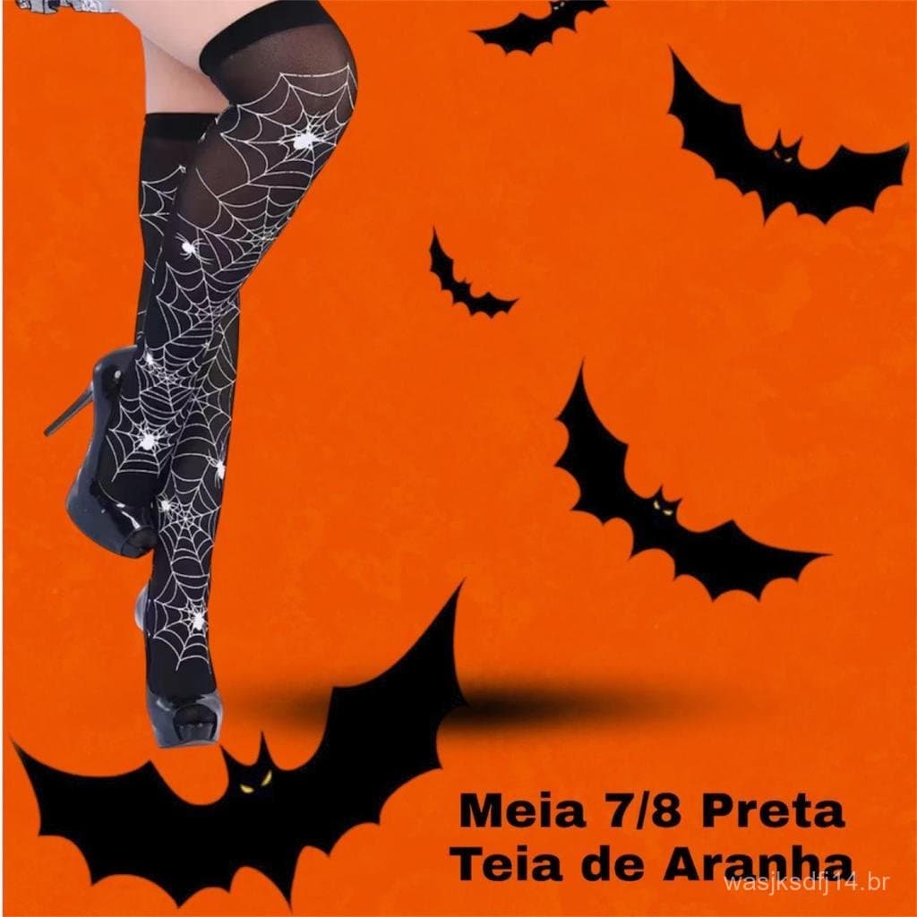 Meia 7/8 Fina Preta com Teia de Aranha para Fantasia de Bruxa Halloween Cosplay e Anime - Adulto