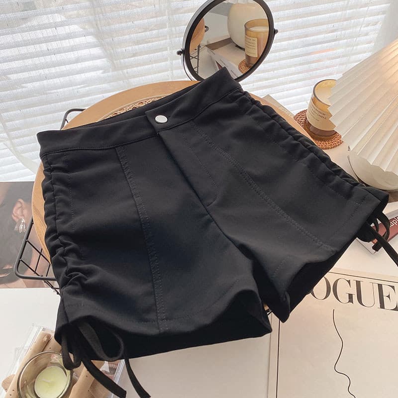 Calças femininas inverno 2024 novo estilo versão coreana nicho Design moda cintura alta cordão a linha perna larga Short