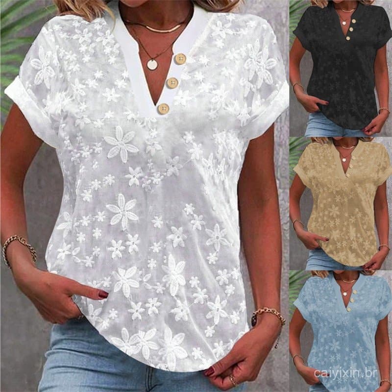 Blusa Casual de Verão com Decote em V para Mulheres, Camisa de Moda Branca em Jacquard de Manga Curta, Estilo Feminino p