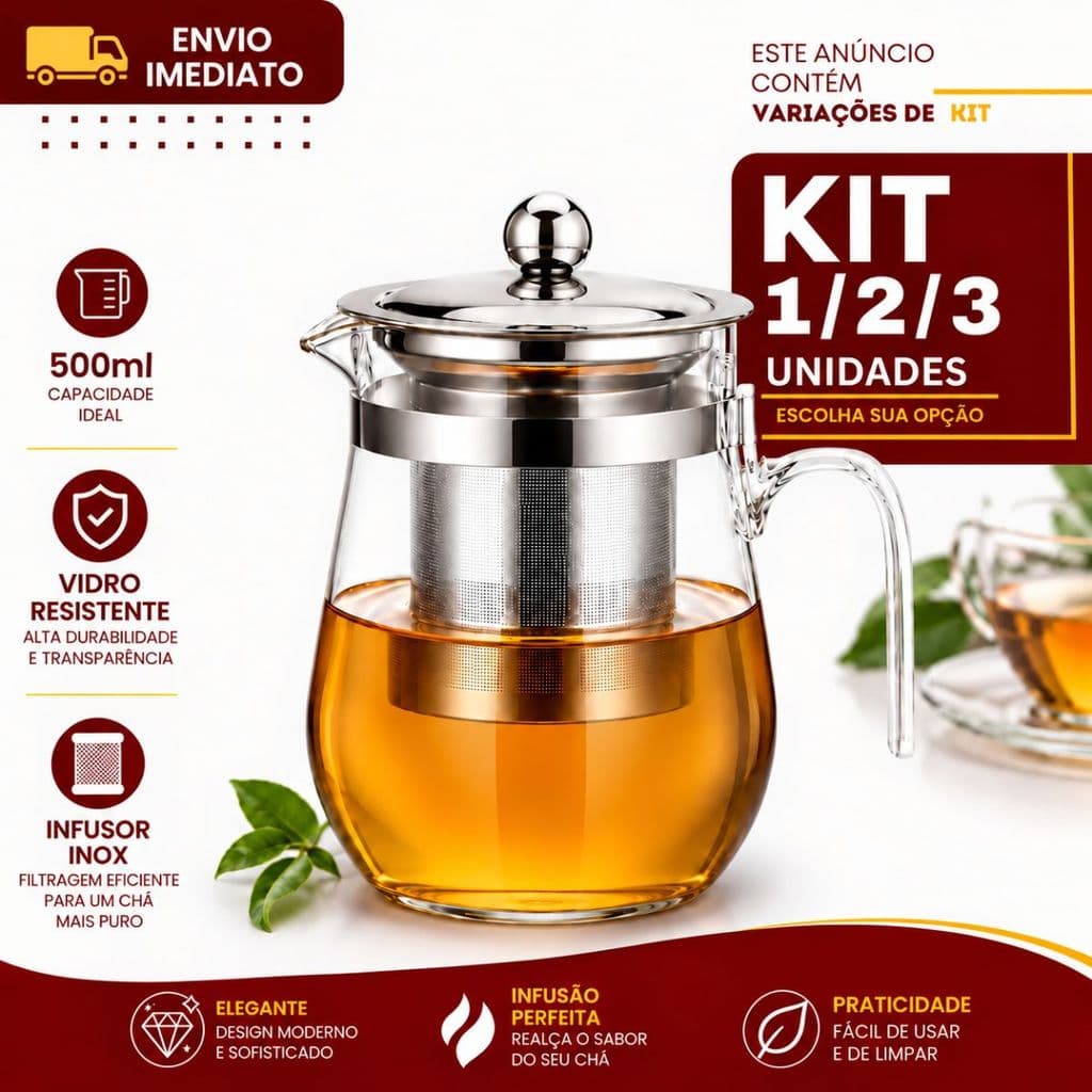 Chaleira Bule Vidro Inox 1/2/3 Unidades Com Infusor Chá 500 ML