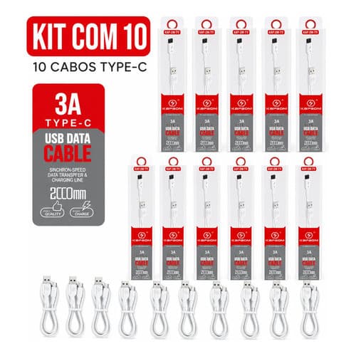 Kit Com 10 Cabos Tipo C 3A 2 Metros Kapbom Reforçado Cor Branca