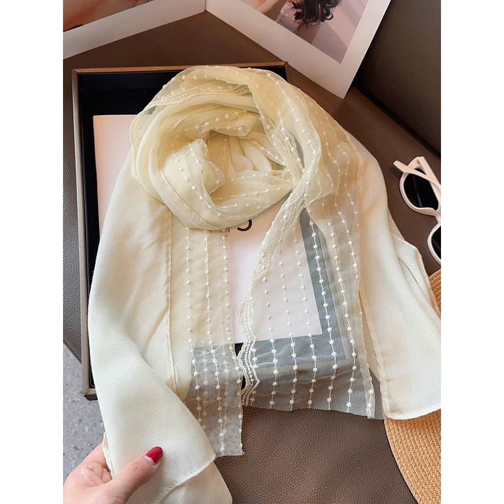 Lenço de linho de algodão bege literário lenço de seda estilo curto feminino primavera verão estilo renda costura proteç