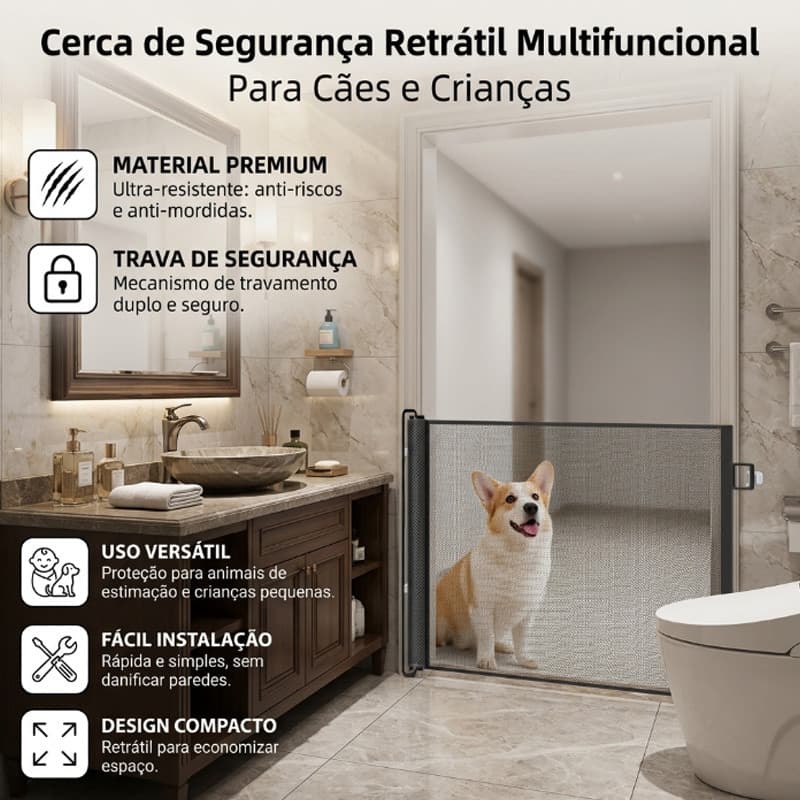 Portão Tela Segurança Automático Bebês Pets Retrátil Cercadinho Porta Grade 180cm Escada Porta