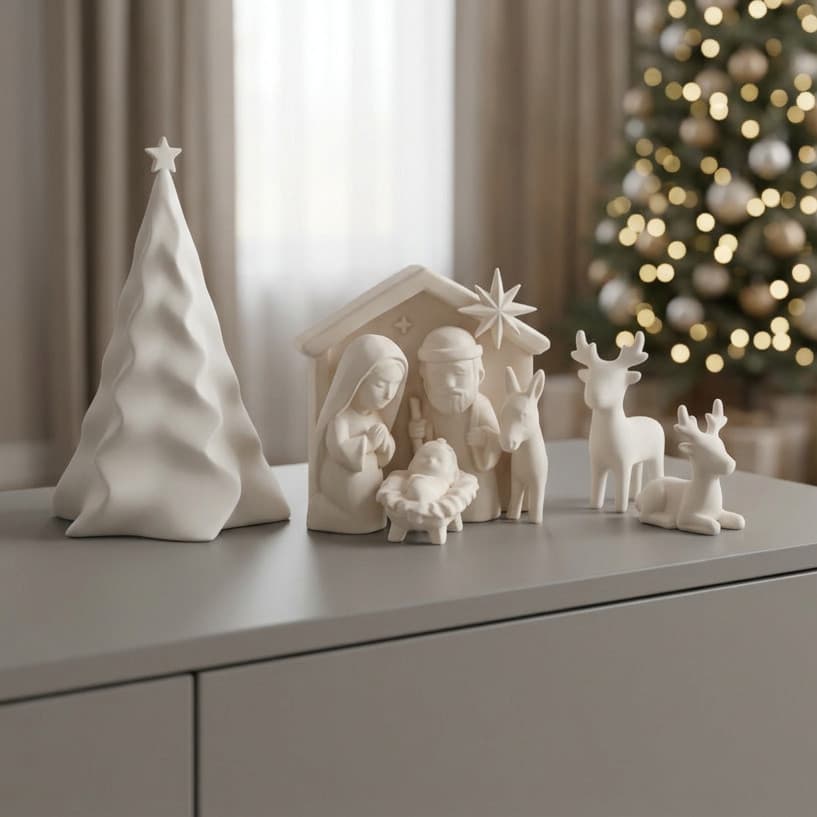 Decoração Natal Clean Kit 5 Peças Presépio Árvore 3 Renas Branco Neve Estilo Escandinavo Moderno