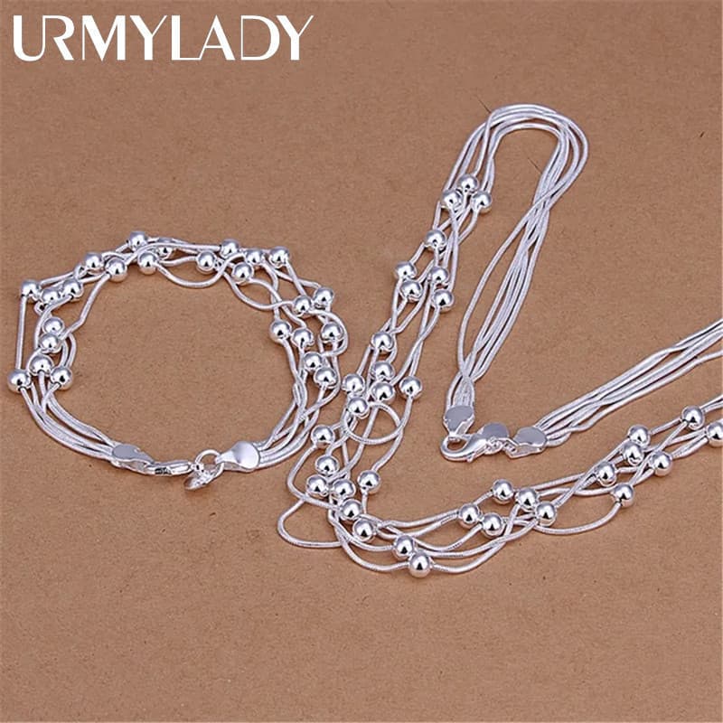 Conjunto de joias femininas de moda em prata 925, colar e pulseira clássicos com corrente de cinco contas NK4A GUTY