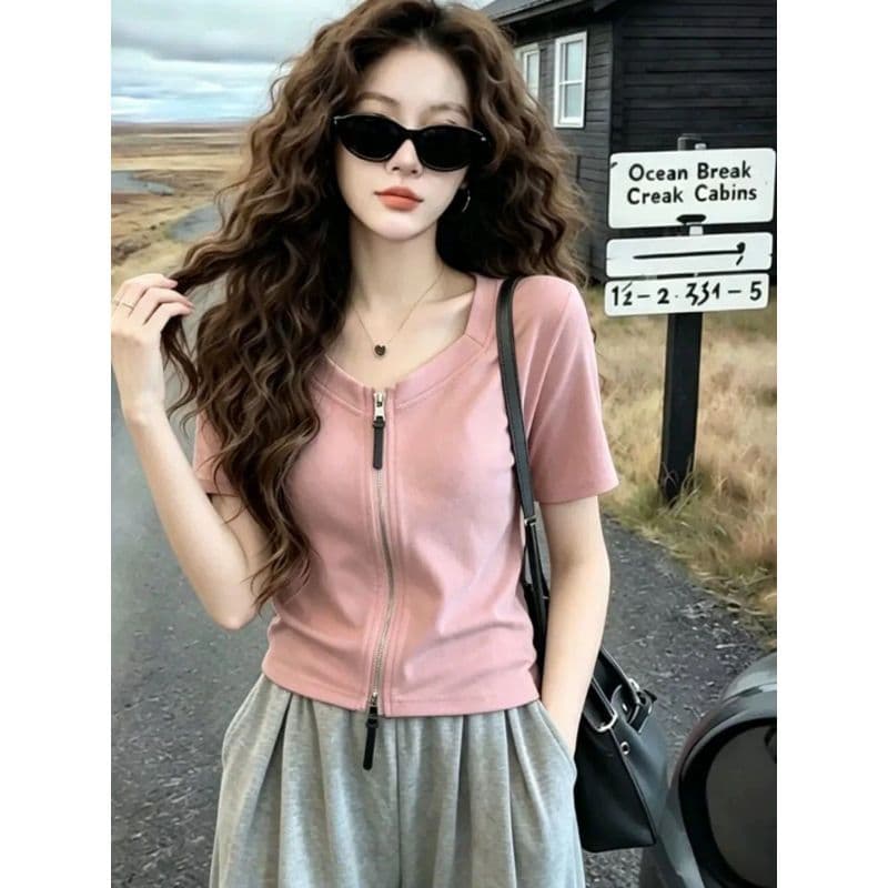 [Seckill por tempo limitado] Camiseta francesa elegante simples com zíper duplo de manga curta, 2026 Verão Plus Size Fat