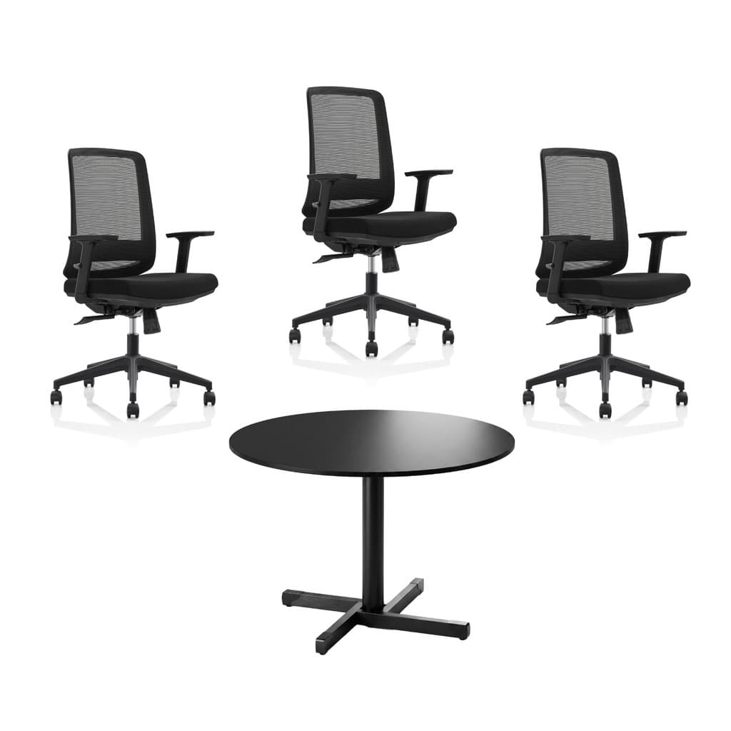 Conjunto Mesa de Reunião Redonda + 3 Cadeiras Netflex Ergonômicas Para Escritório Sistema Syncron