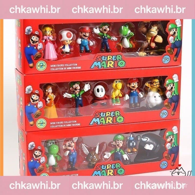 6PCS Figuras de Ação Super Mario Bros Brinquedos Bonecos Conjunto Modelo Luigi Yoshi Donkey Kong Personagens de Cogumelo