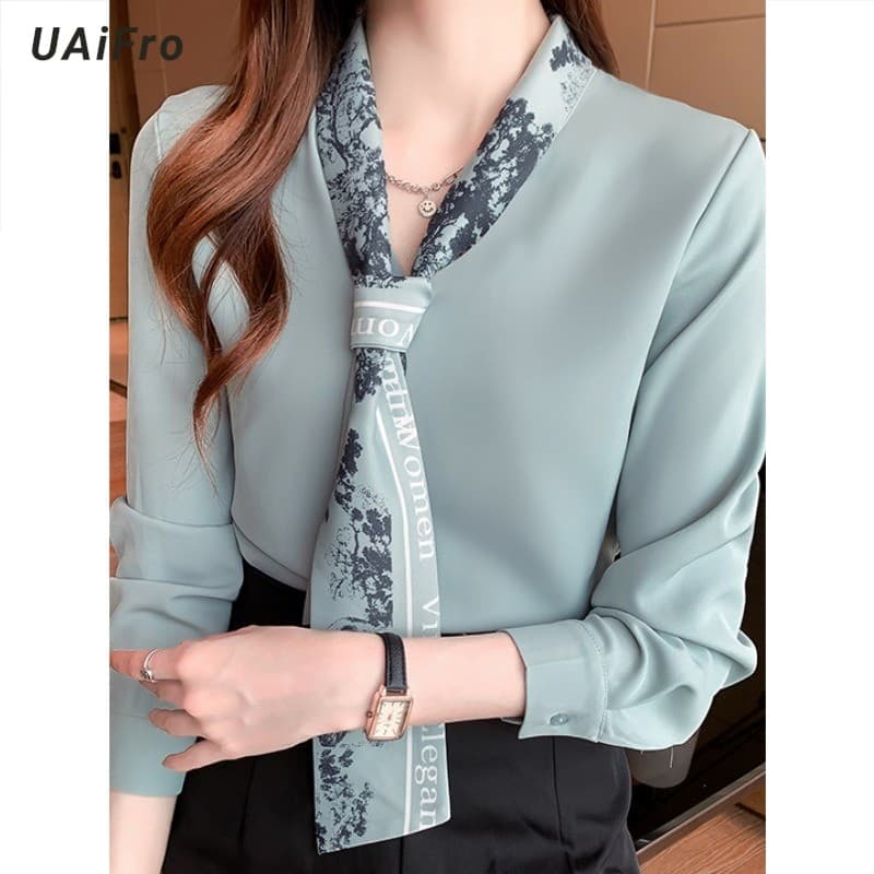 Costura francesa amarrada com decote em V camisa feminina High-End Chiffon manga comprida topo primavera outono 2026 nov