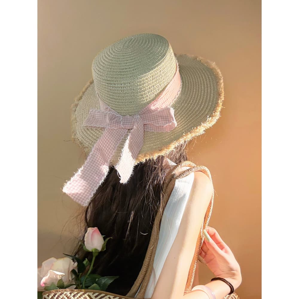 Novo francês xadrez arco plana chapéu de palha feminino verão beira-mar férias estilo guarda-sol protetor solar praia ch