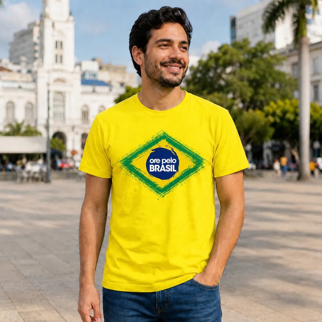 Camiseta Masculina Política Amarela Brasil Estampa Nacional Bandeira Brasileira Algodão Casual